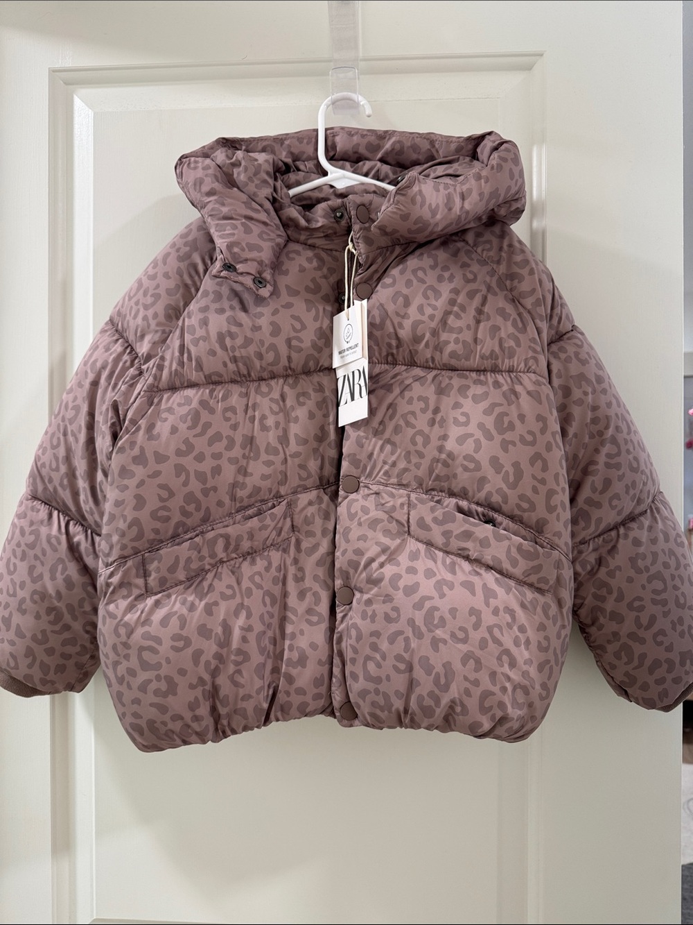 Zara Kids Mauve Leopard-Print Hooded Puffer Jacket